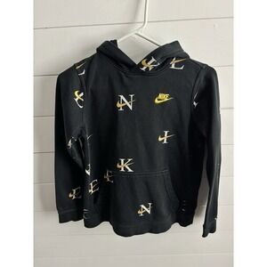 Nike Hoodie Kids Size M Black Gold All Over Print Hooded Sweater Retro Hip Hop